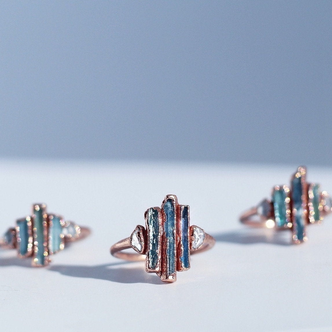 Raw Aquamarine Bar Ring, March Birthstone Jewelry, Unique Gemstone Ring, Organic Ring Stones, Gift for Her Birthday, Copper Statement Ring