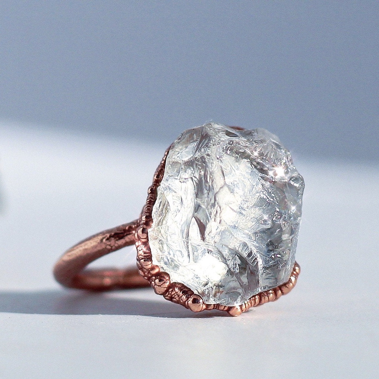 Raw Crystal Quartz Ring, Natural Style Engagement Ring, Rock Crystal Ring, Electroformed Copper Ring, Organic Jewelry, Hippie Ring