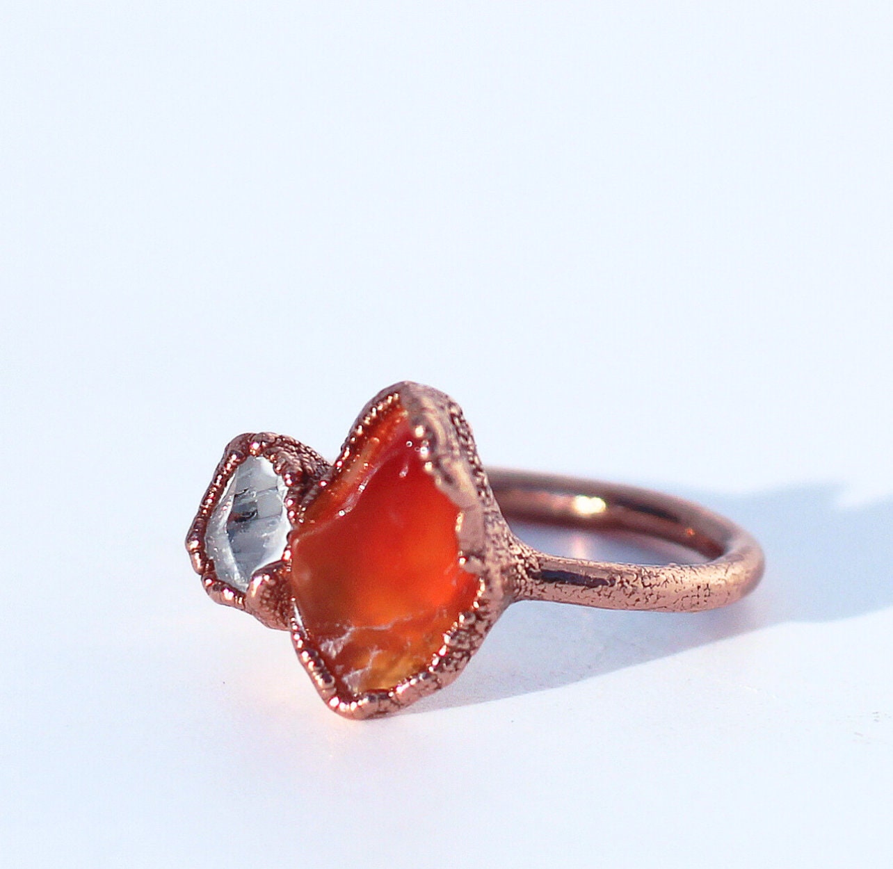Sacral Chakra Carnelian Ring, Sacral Chakra Jewelry, Orange Stone Ring, Meditation Ring, Carnelian and Herkimer Diamond Ring, Reiki Healing