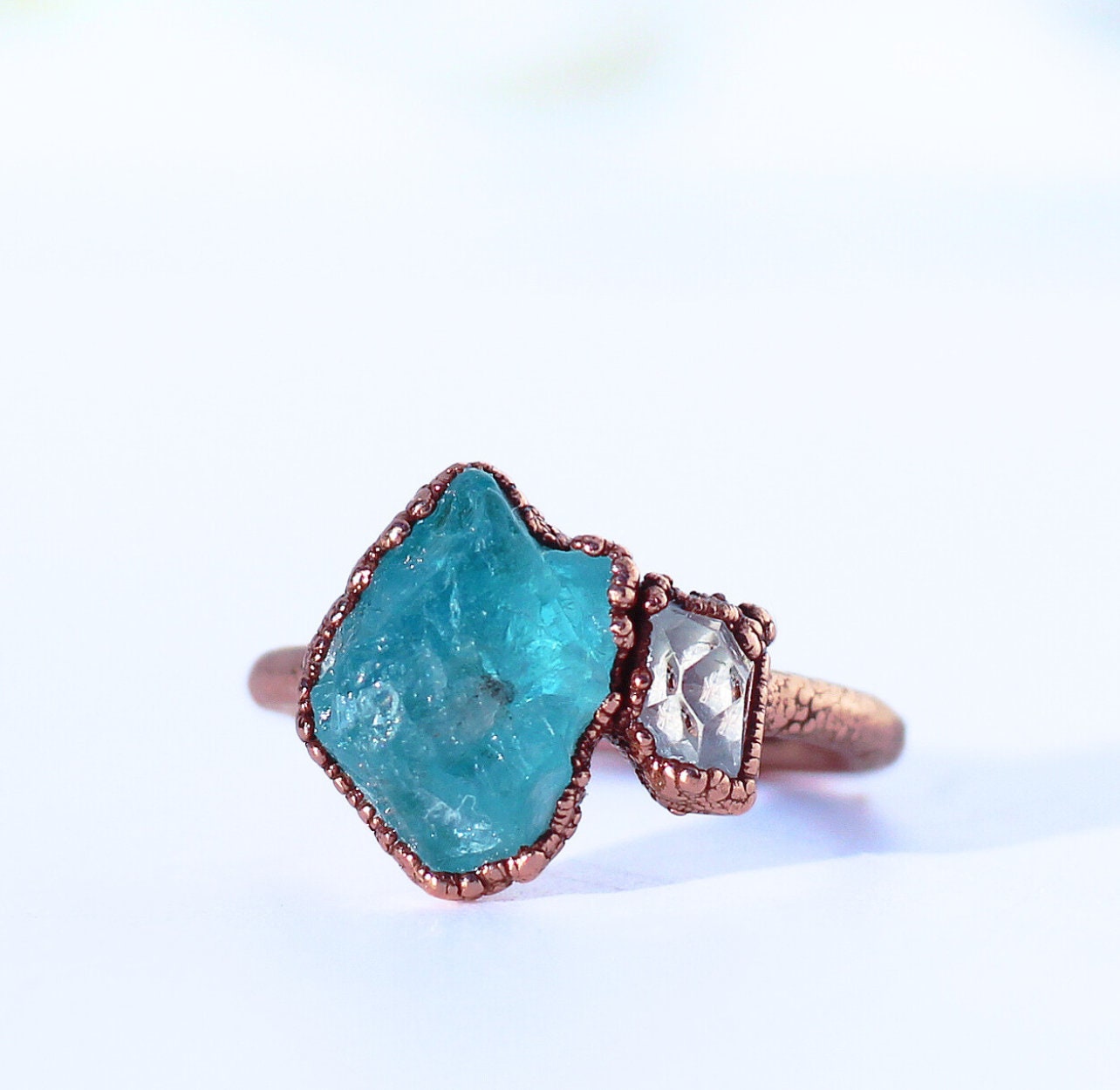 Throat Chakra Apatite Ring, Throat Chakra Jewelry, Blue Throat Chakra Ring, Rough Apatite Ring, Apatite and Herkimer Diamond Ring