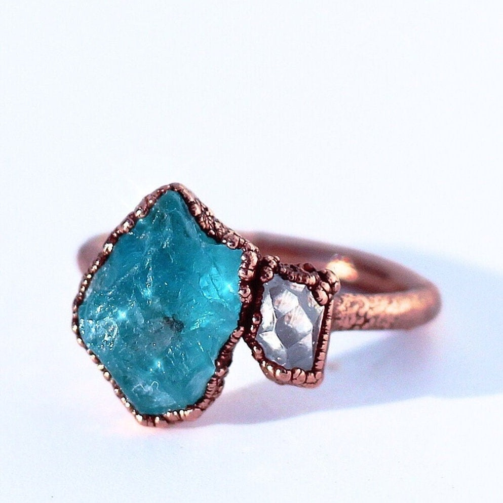Throat Chakra Apatite Ring, Throat Chakra Jewelry, Blue Throat Chakra Ring, Rough Apatite Ring, Apatite and Herkimer Diamond Ring