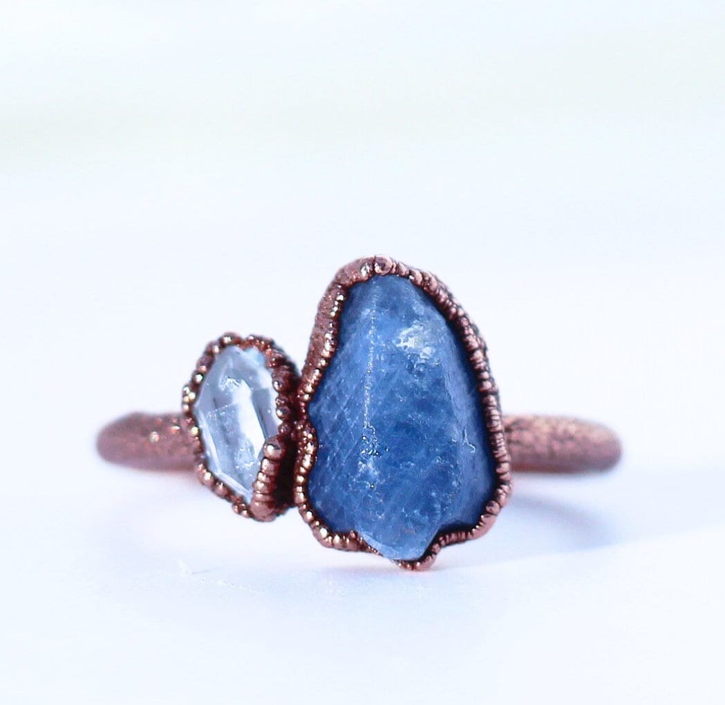 Third Eye Chakra Sapphire Ring, Third Eye Chakra Jewelry, Blue Third Eye Chakra Ring, Raw Sapphire Ring, Sapphire and Herkimer Diamond Ring