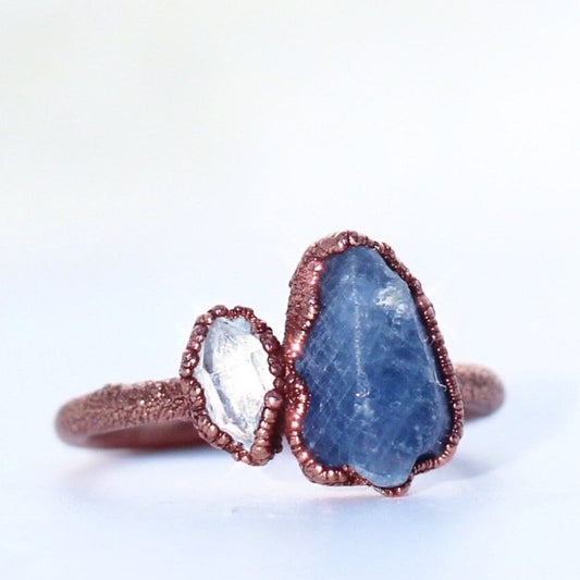 Third Eye Chakra Sapphire Ring, Third Eye Chakra Jewelry, Blue Third Eye Chakra Ring, Raw Sapphire Ring, Sapphire and Herkimer Diamond Ring