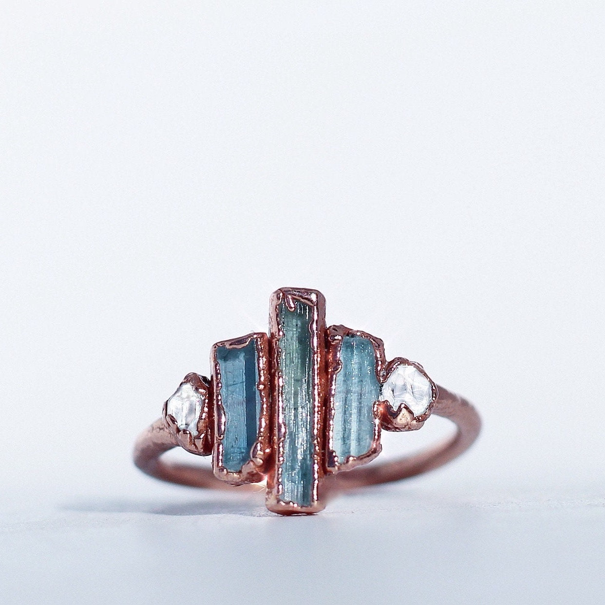 Raw Aquamarine Bar Ring, March Birthstone Jewelry, Unique Gemstone Ring, Organic Ring Stones, Gift for Her Birthday, Copper Statement Ring