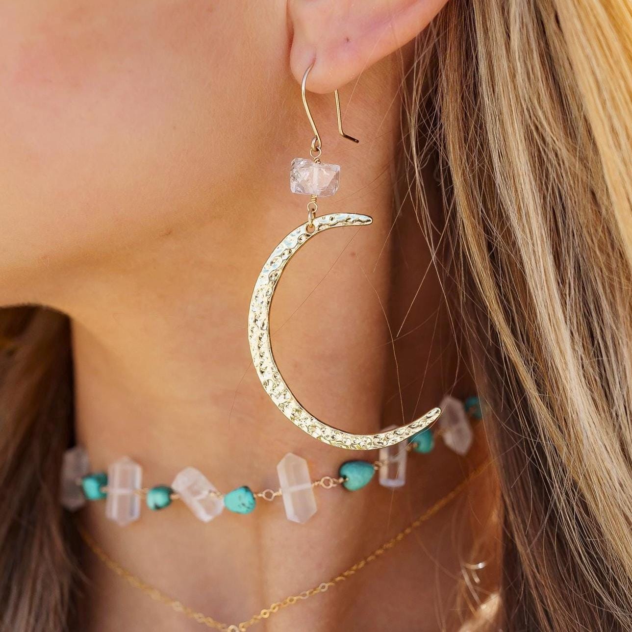 Big Gold Moon Earrings with Herkimer Diamonds, Crescent Moon Earrings, Silver Moon Statement Earrings, Big Moon Earrings, Moon Jewelry, Boho Earrings