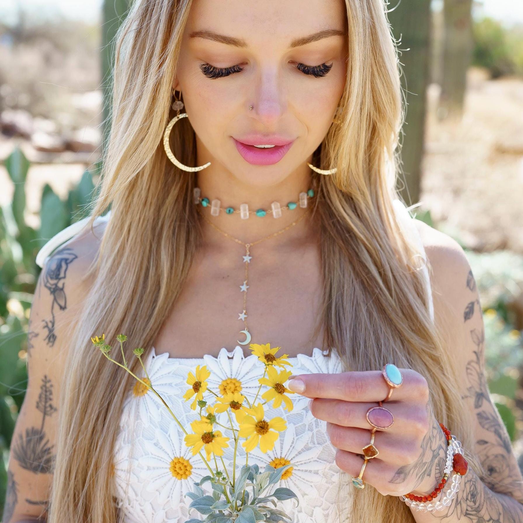 Arizona Turquoise and Quartz Choker Necklace, Turquoise Boho Choker, Crystal Boho Choker Necklace, Arizona Turquoise Necklace