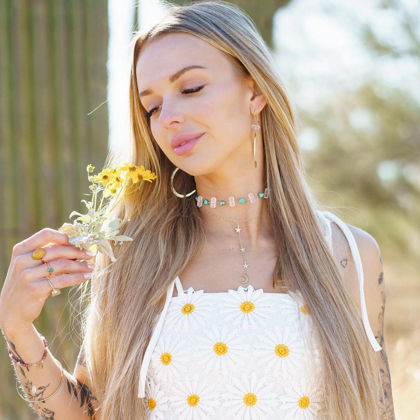 Arizona Turquoise and Quartz Choker Necklace, Turquoise Boho Choker, Crystal Boho Choker Necklace, Arizona Turquoise Necklace
