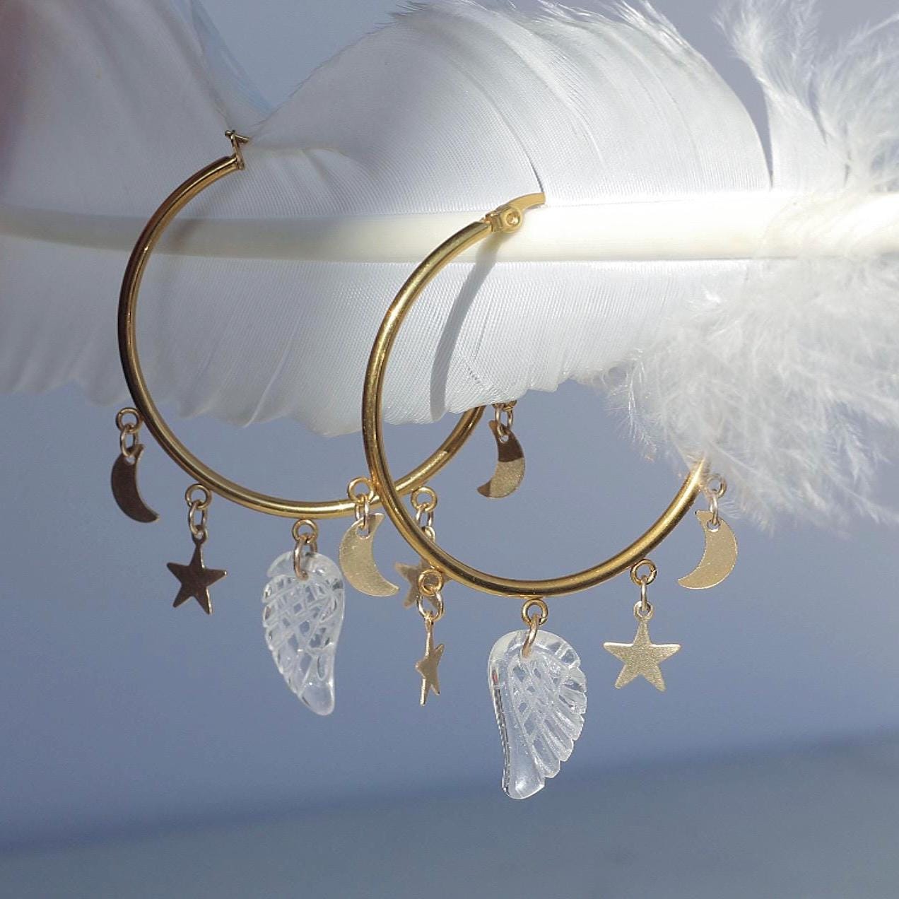 Crystal Angel Wing Hoop Earrings, Celestial Statement Earrings, Angel Jewelry, Angel Gift, Healing Crystal Earrings, Dangle Hoop Earrings