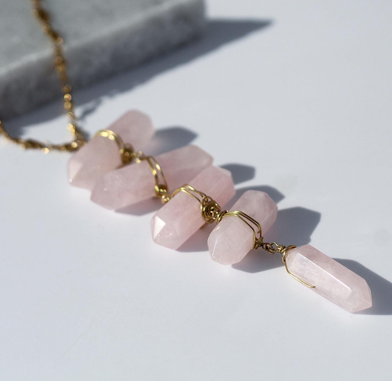 Rose Quartz Statement Necklace, Rose Quartz Ladder Lariat Necklace, Heart Chakra Necklace, Heart Chakra Jewelry, Boho Crystal Jewelry