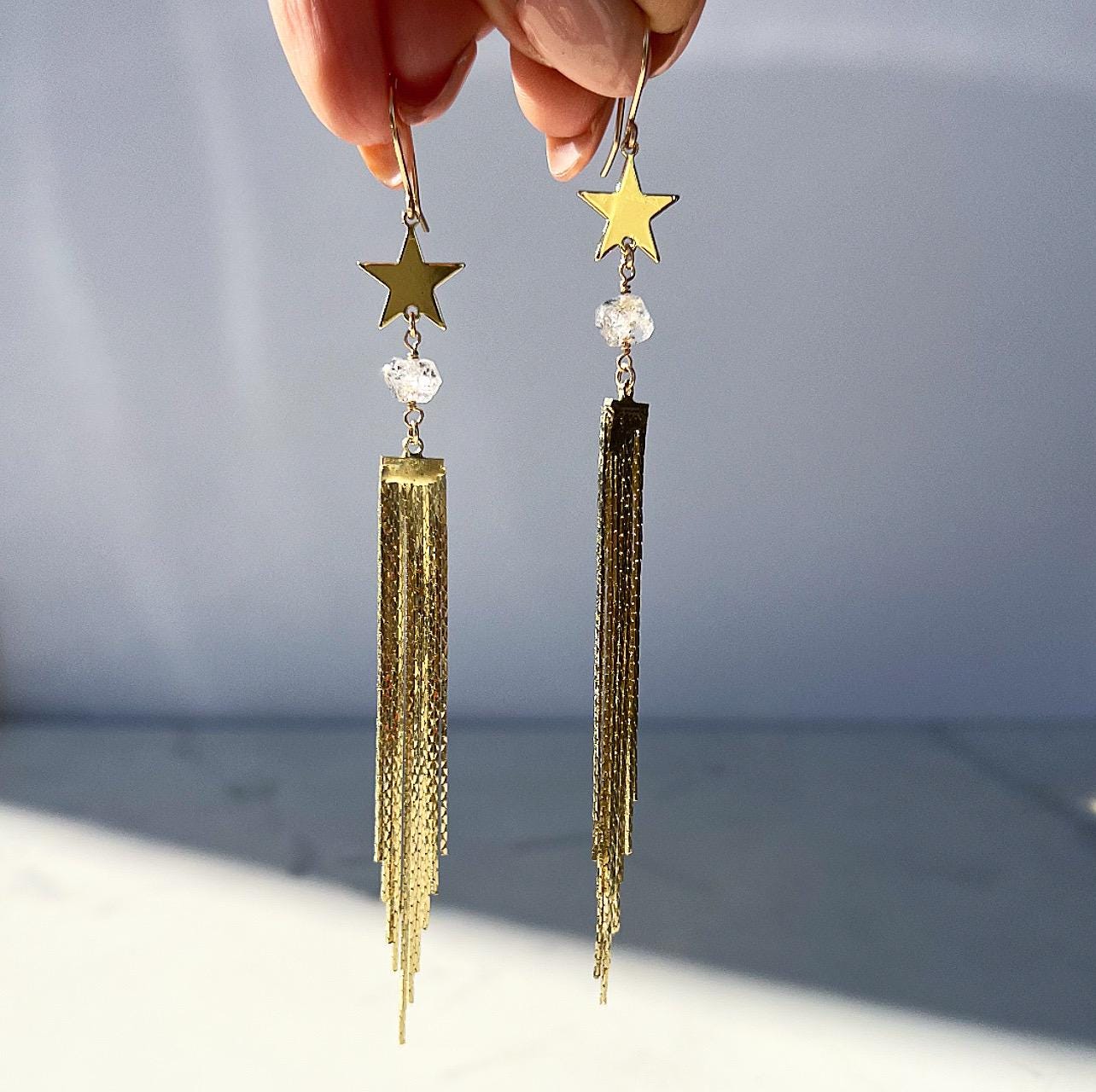 Long Gold Fringe Dangle Earrings, Crystal Fringe Earrings, Star Statement Earrings, Boho Duster Earrings, Shooting Star Earrings, Boho Style