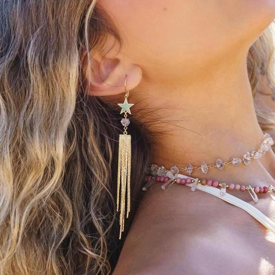Long Gold Fringe Dangle Earrings, Crystal Fringe Earrings, Star Statement Earrings, Boho Duster Earrings, Shooting Star Earrings, Boho Style