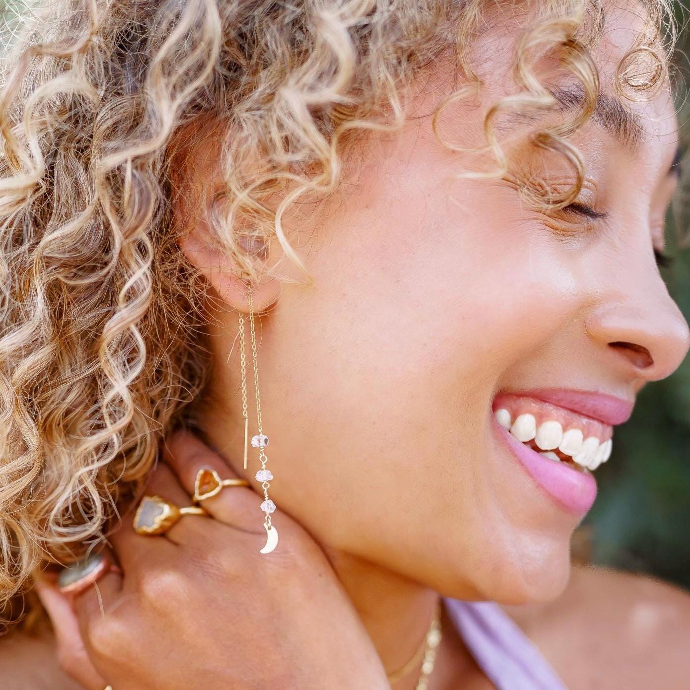 Moon and Star Threader Earrings, Dainty Celestial Earrings, Delicate Star Earrings Gold, Herkimer Diamond Threaders, Lightweight Earrings