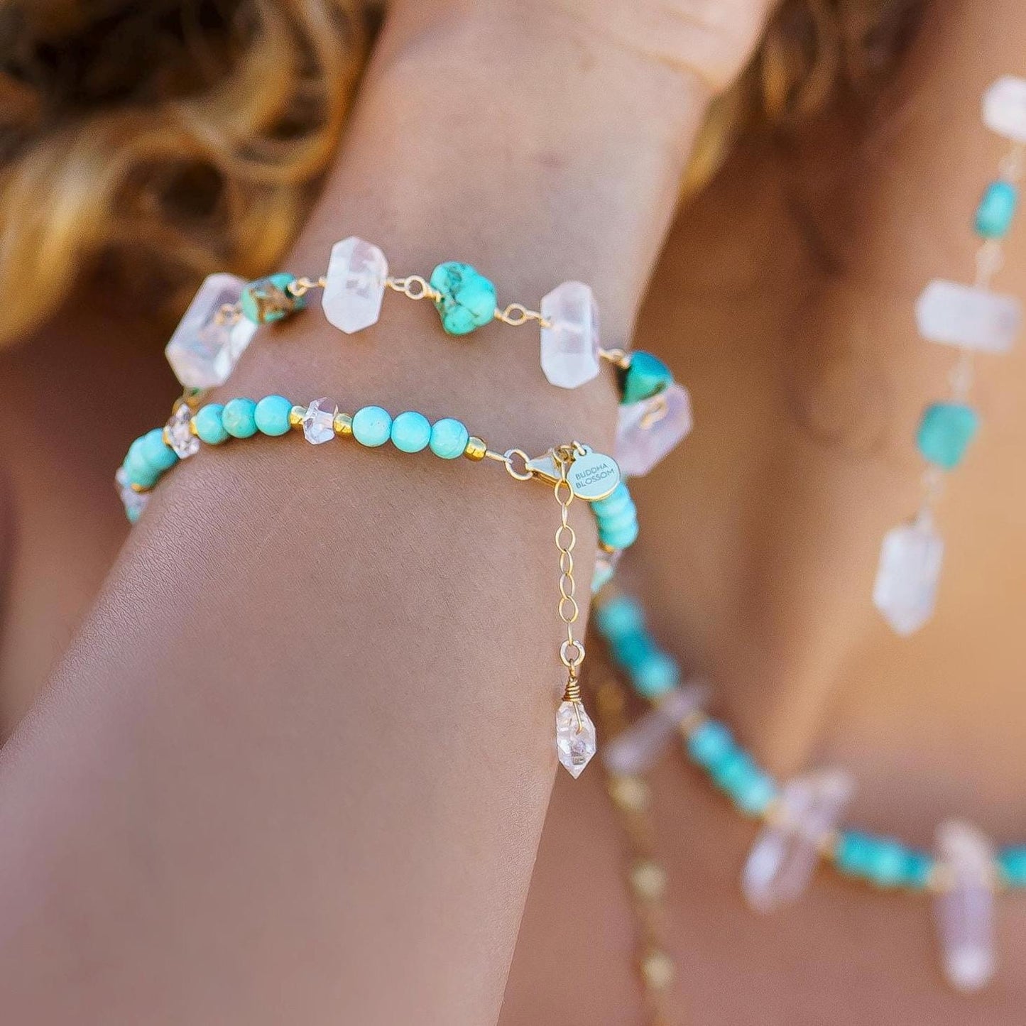 Arizona Turquoise and Crystal Quartz Point Bracelet, Crystal Point Bracelet, Protection Bracelet, Raw Turquoise Bracelet, Arizona Turquoise Jewelry