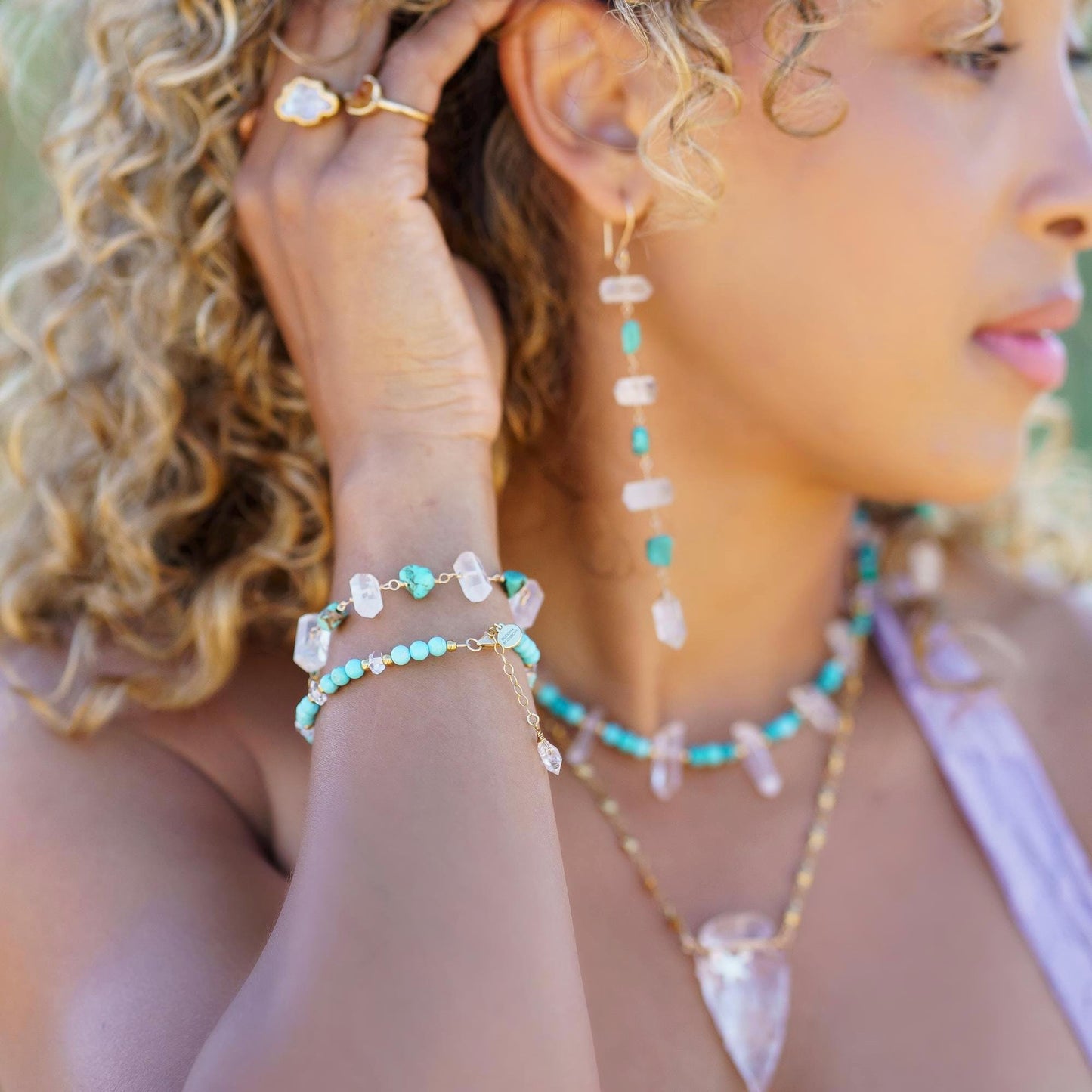 Turquoise Dangle Earrings, Boho Style Earrings, Crystal Boho Dangle Earrings, Turquoise and Crystal Quartz Earrings, Boho Bead Earrings