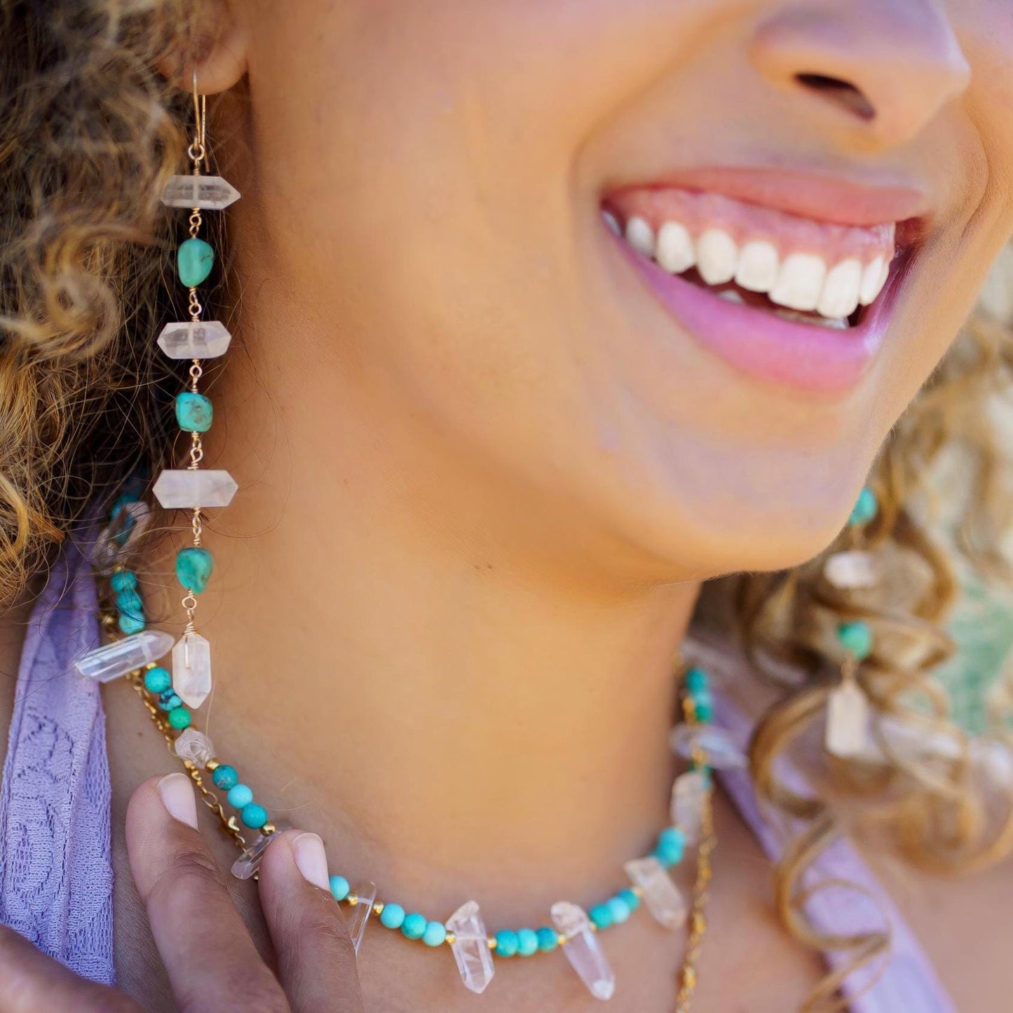 Turquoise Dangle Earrings, Boho Style Earrings, Crystal Boho Dangle Earrings, Turquoise and Crystal Quartz Earrings, Boho Bead Earrings