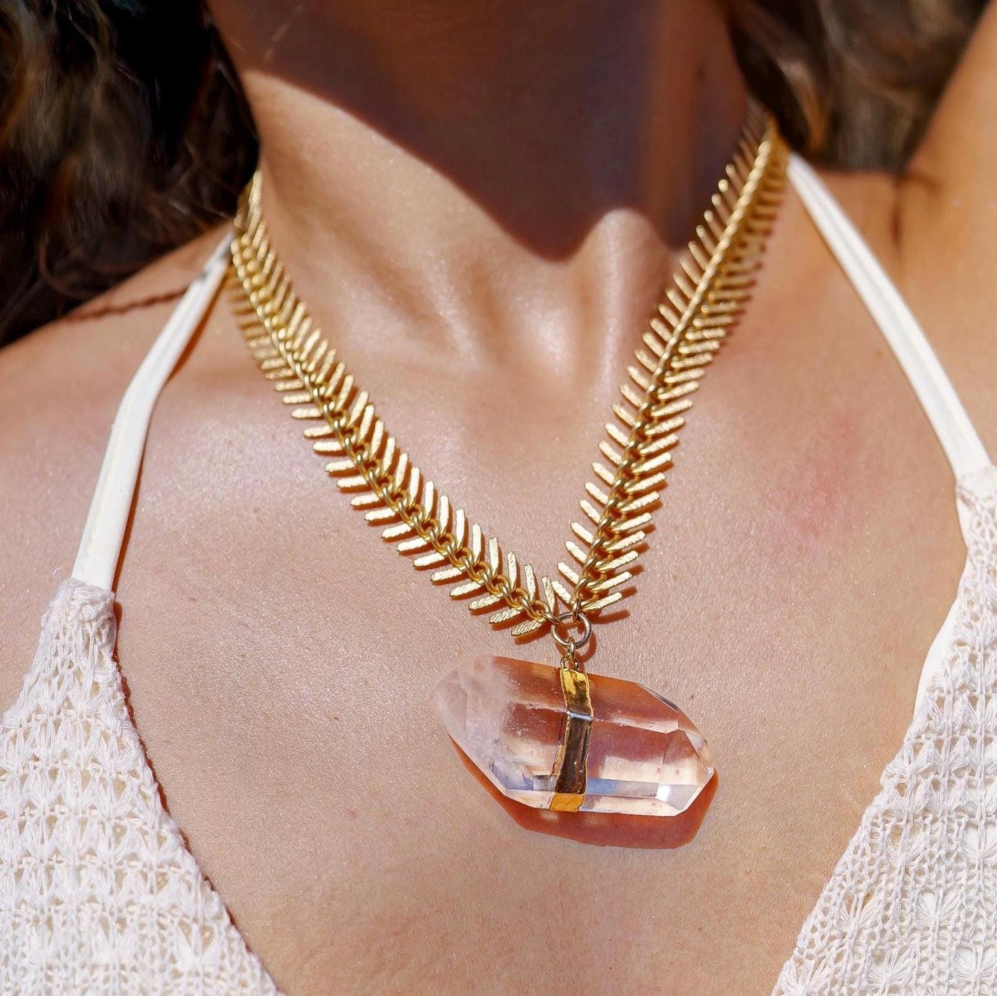 Crystal Quartz Amulet in Gold or Silver. Crystal Quartz Statement Necklace, Big Crystal Necklace, Extra Large Crystal Necklace, Horizontal Crystal Necklace