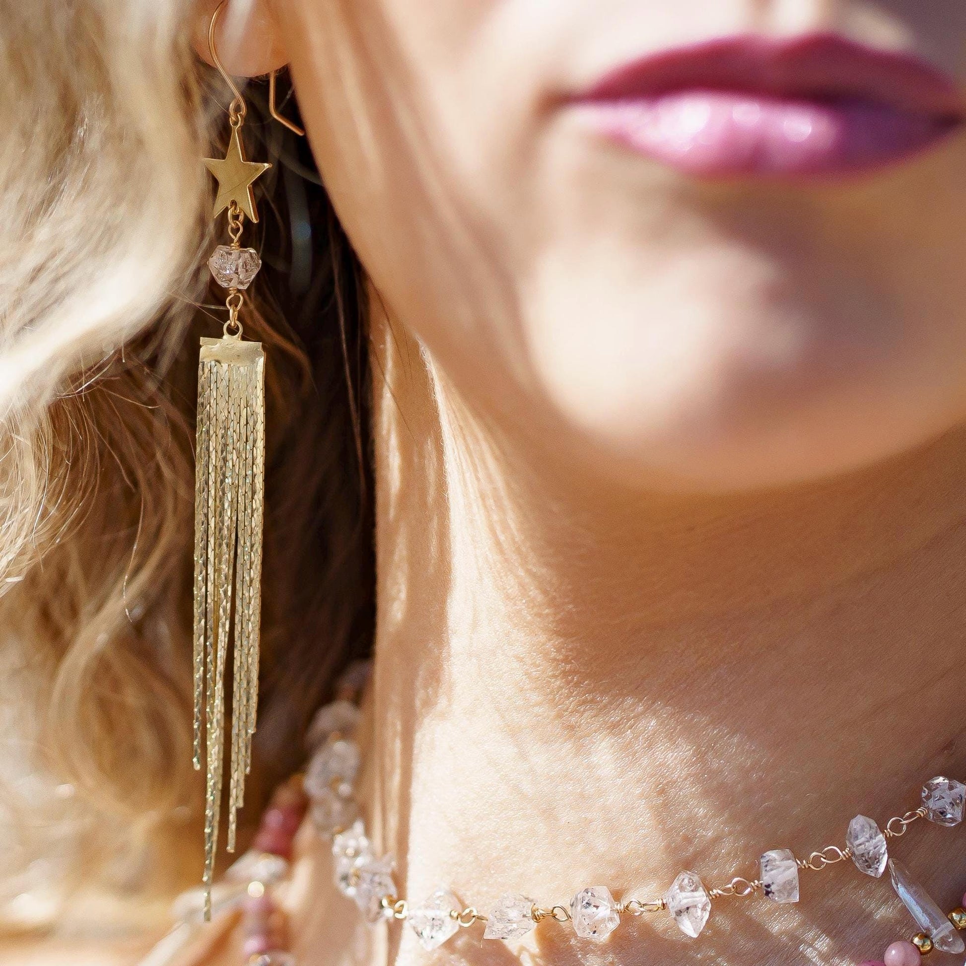 Long Gold Fringe Dangle Earrings, Crystal Fringe Earrings, Star Statement Earrings, Boho Duster Earrings, Shooting Star Earrings, Boho Style