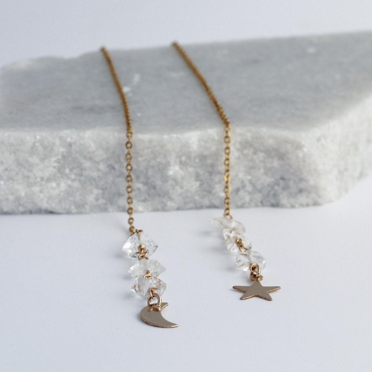 Moon and Star Threader Earrings, Dainty Celestial Earrings, Delicate Star Earrings Gold, Herkimer Diamond Threaders, Lightweight Earrings