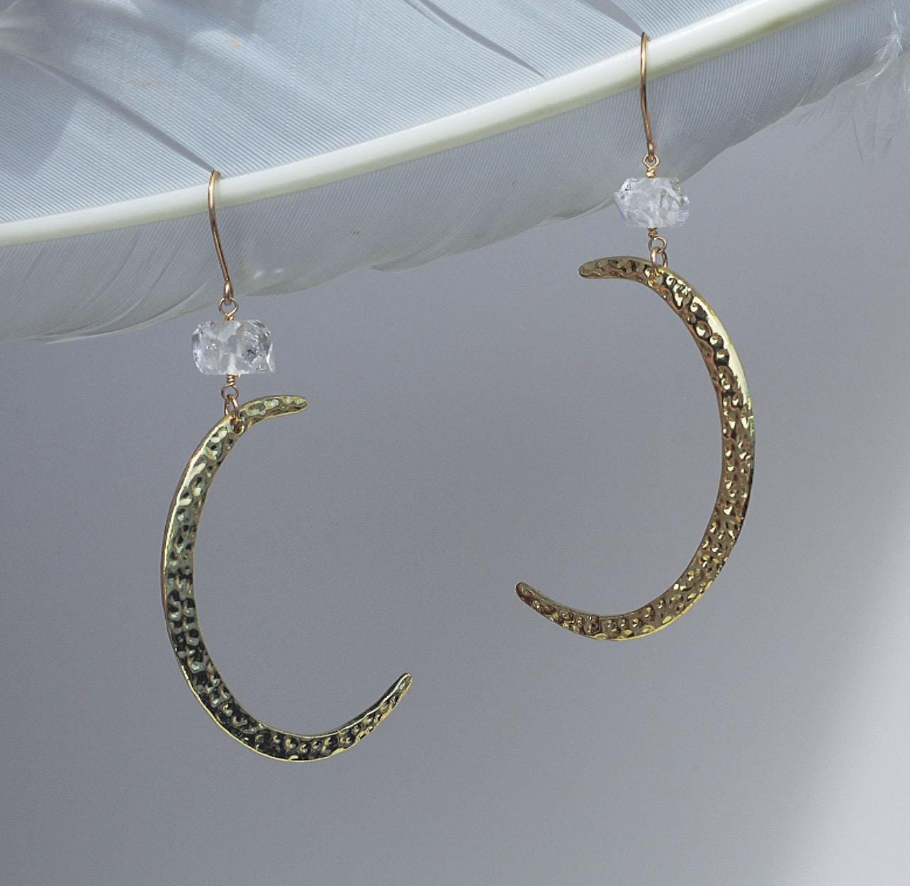 Big Gold Moon Earrings with Herkimer Diamonds, Crescent Moon Earrings, Silver Moon Statement Earrings, Big Moon Earrings, Moon Jewelry