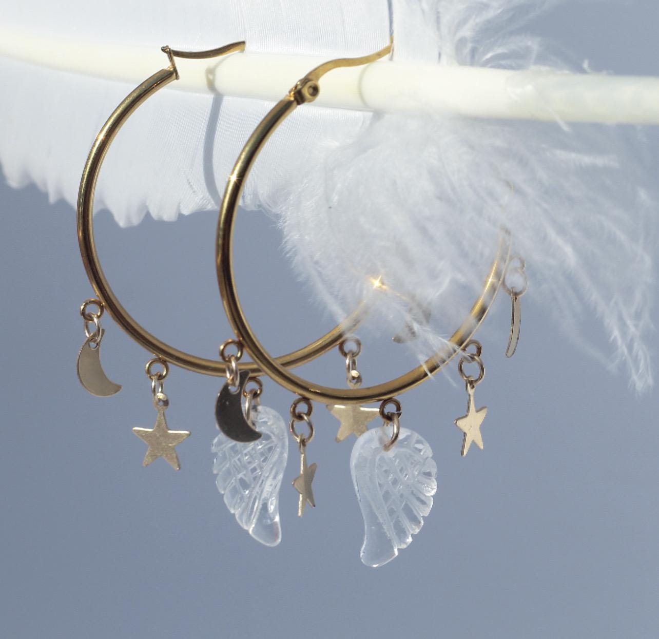 Crystal Angel Wing Hoop Earrings, Celestial Statement Earrings, Angel Jewelry, Angel Gift, Healing Crystal Earrings, Dangle Hoop Earrings