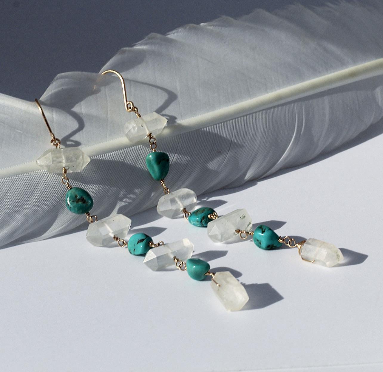 Turquoise Dangle Earrings, Boho Style Earrings, Crystal Boho Dangle Earrings, Turquoise and Crystal Quartz Earrings, Boho Bead Earrings