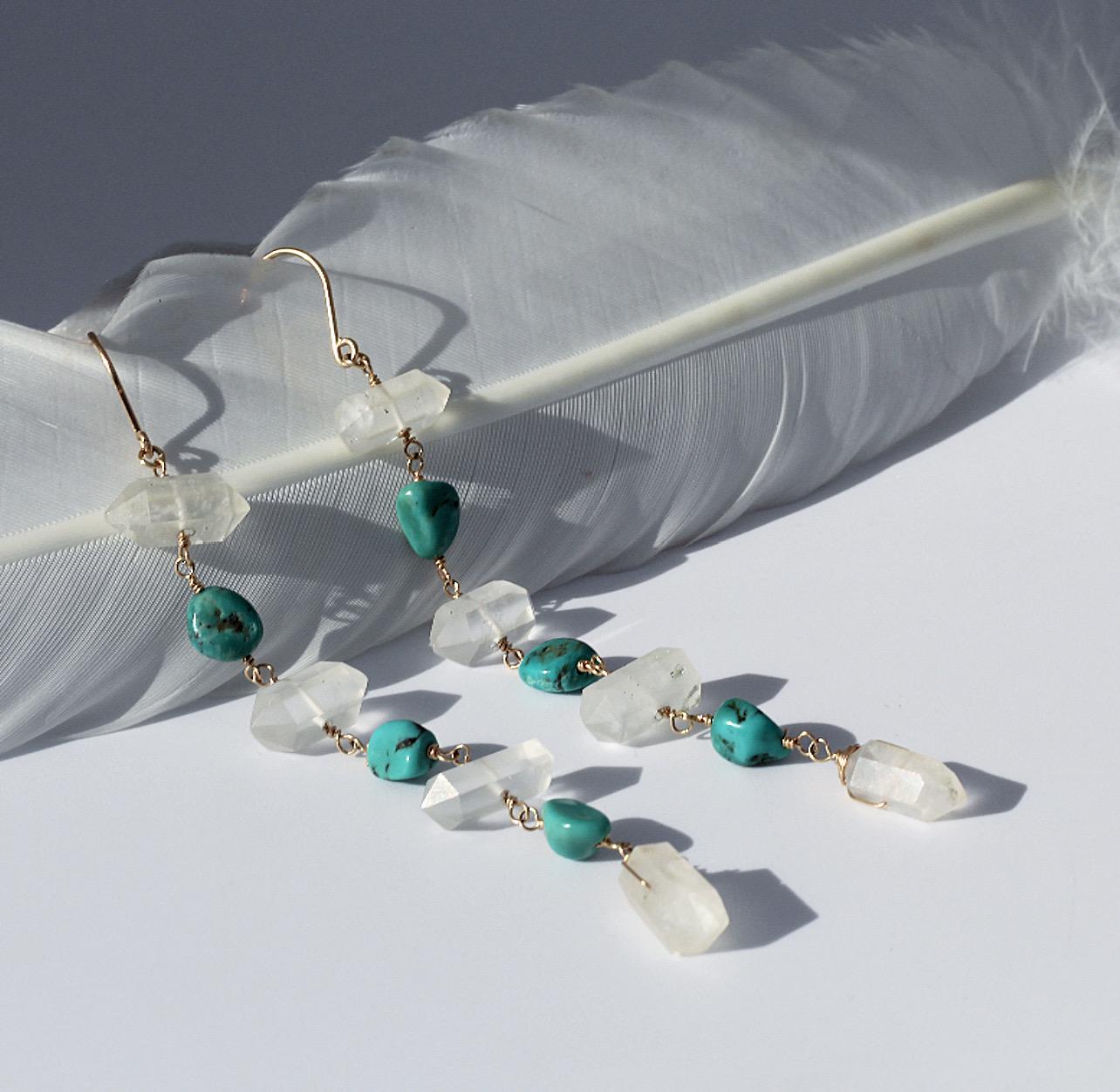 Turquoise Dangle Earrings, Boho Style Earrings, Crystal Boho Dangle Earrings, Turquoise and Crystal Quartz Earrings, Boho Bead Earrings