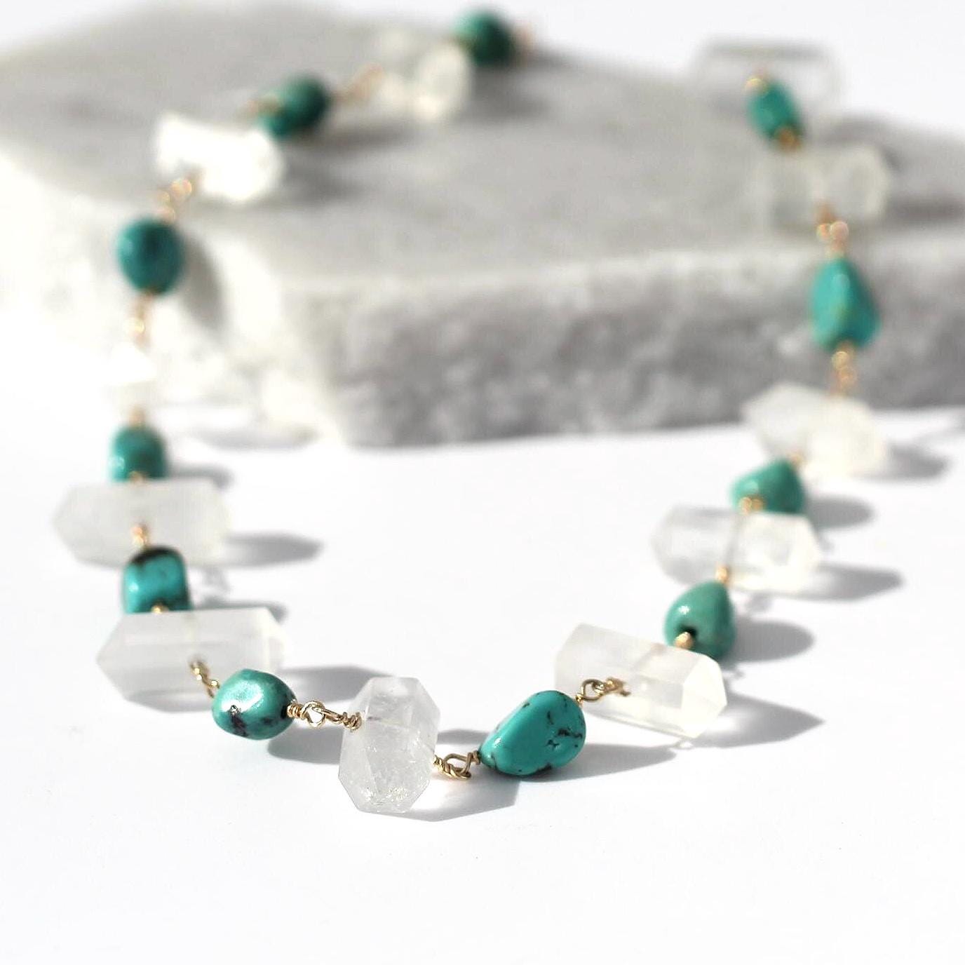 Arizona Turquoise and Crystal Quartz Point Bracelet, Crystal Point Bracelet, Protection Bracelet, Raw Turquoise Bracelet, Arizona Turquoise Jewelry