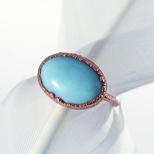 Amazonite Oval Ring, Raw Amazonite Stone Ring, Turquoise Colored Stone Ring, Large Turquoise Stone Jewelry, Raw Copper Ring, Statement Ring