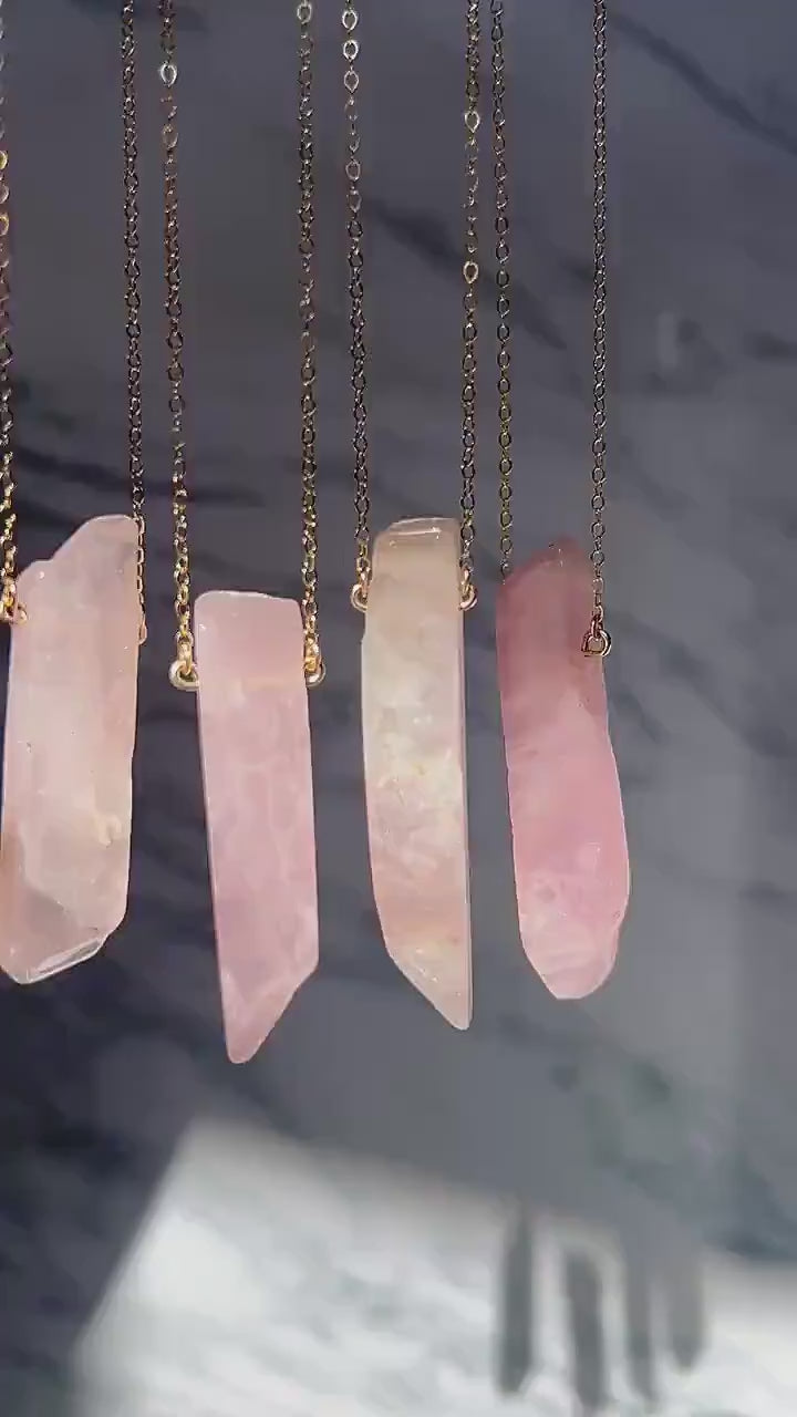 Raw Rose Quartz Healing Crystal Bar Necklace, 14k Rose Gold Filled Chain, Sterling Silver Crystal, 14k Gold Filled Crystal Necklace