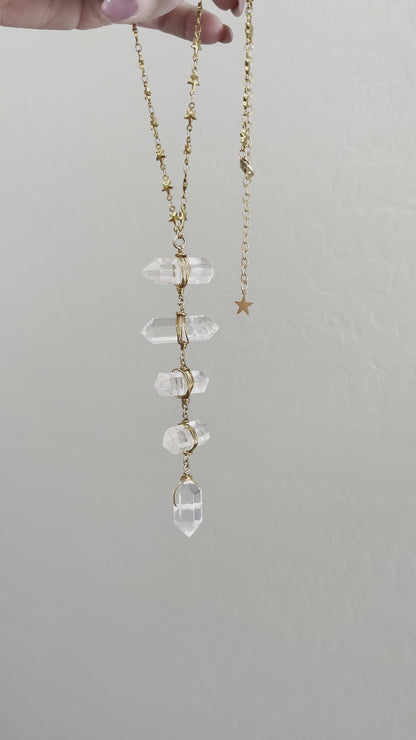 Crystal Quartz Ladder Lariat Necklace on Star Chain in Gold or Silver