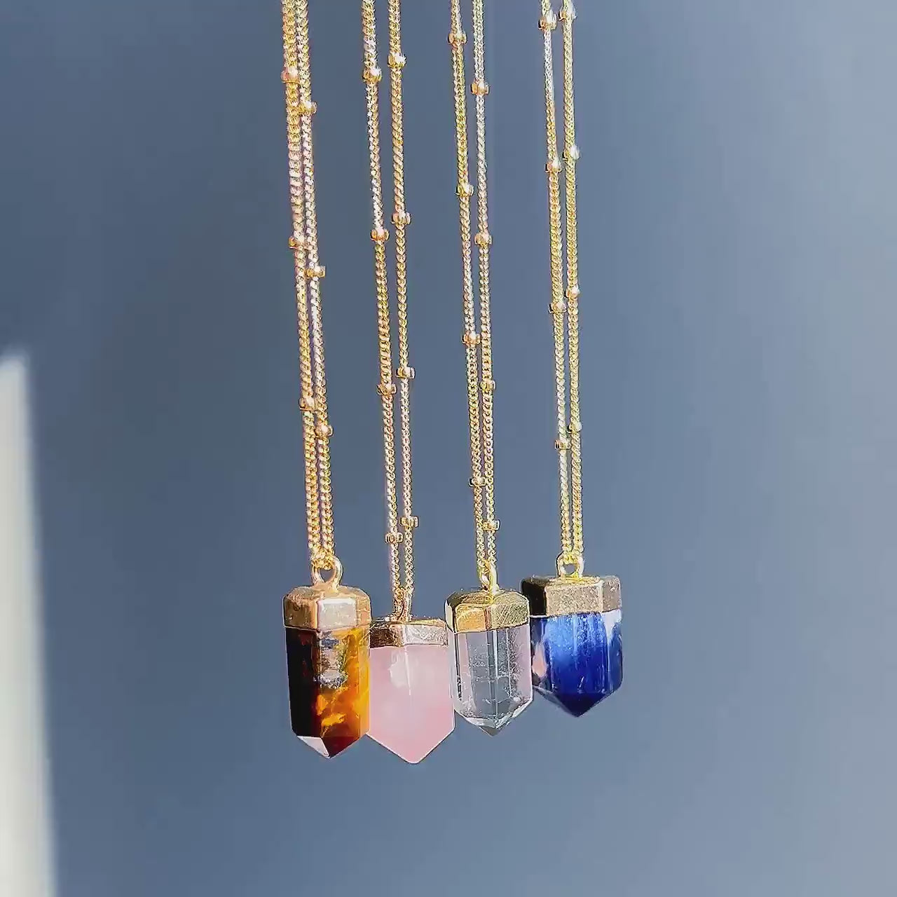 Small Crystal Point Necklace, Chakra Healing Gold Necklace, Gold Filled Satellite Chain, Crystal Quartz, Tigers Eye, Rose Quartz, Sodalite