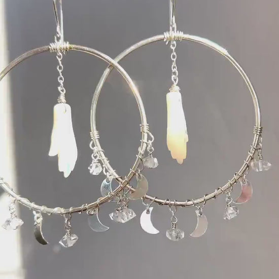 Mother of Pearl Hand Hoop Earrings, Fortune Teller Earrings, Palmistry Earrings, Celestial Jewelry, Moon and Stars Jewelry