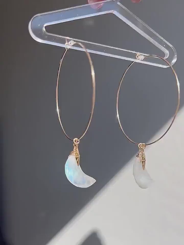 Rainbow Moonstone Hoop Earrings, Moonstone Moon Earrings, Moon and Star Earrings, Moon and Stars Gift, Moonstone Crystal Gold Hoop Earrings