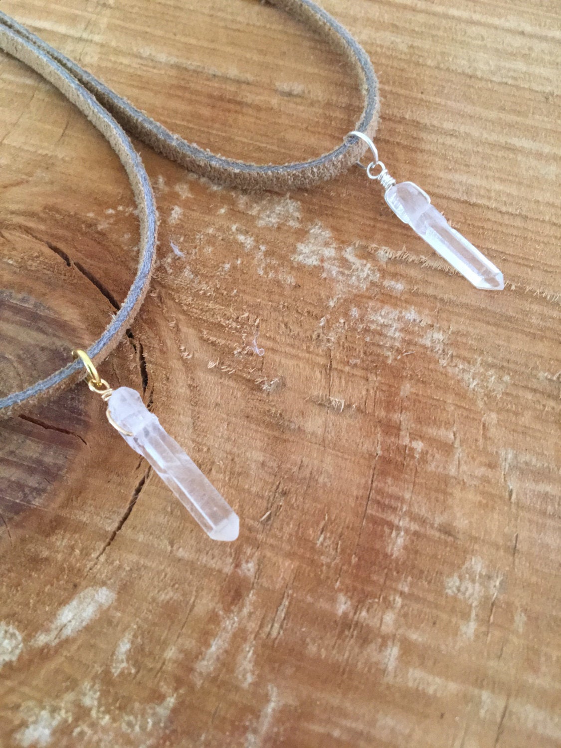 Crystal Choker on Tan Suede, A delicate crystal point in your choice is wrapped with gold or silver wire and sparkles in the center of this tan suede choker.