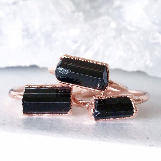 Black Tourmaline Dainty Raw Healing Crystal Stacking Ring with Shiny Copper Electroformed Setting and Band