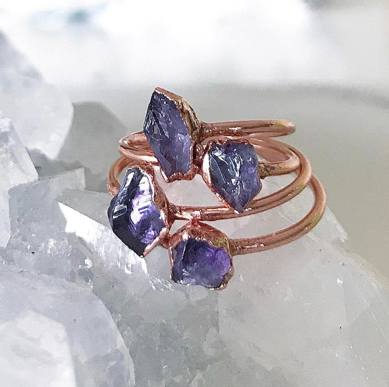 Dainty Amethyst Ring, Delicate Crystal Jewelry, Tiny Crystal Ring, February Birthstone Gift, Copper Stacking Ring, Small Raw Amethyst Ring