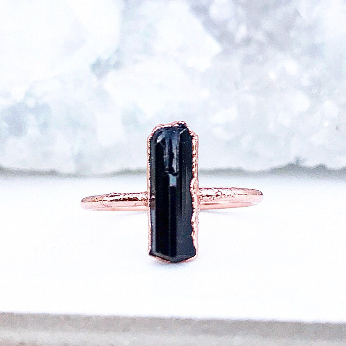 Black Crystal Delicate Copper Witchy Style Ring with Black Tourmaline on Dainty Copper Band with Organic Electroformed Setting
