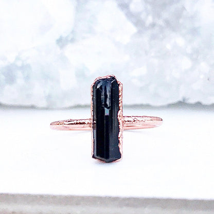 Black Crystal Delicate Copper Witchy Style Ring with Black Tourmaline on Dainty Copper Band with Organic Electroformed Setting