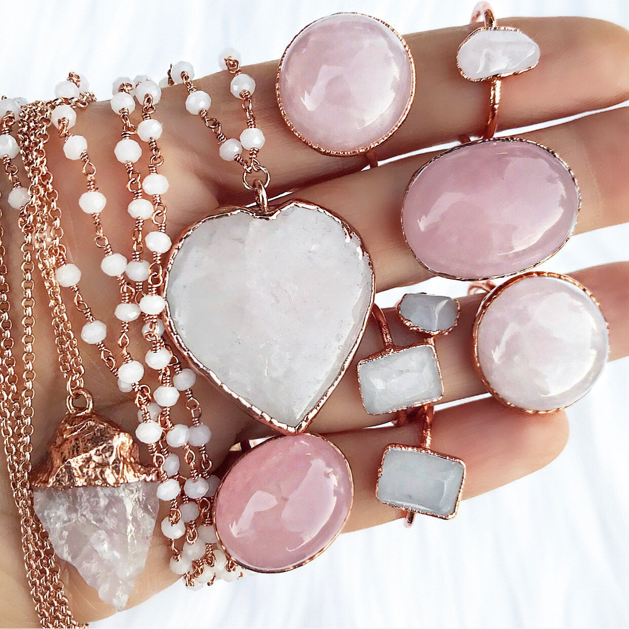 Raw Rose Quartz Crystal and Copper Ring with Emerald Cut Light Pink Blush Stone