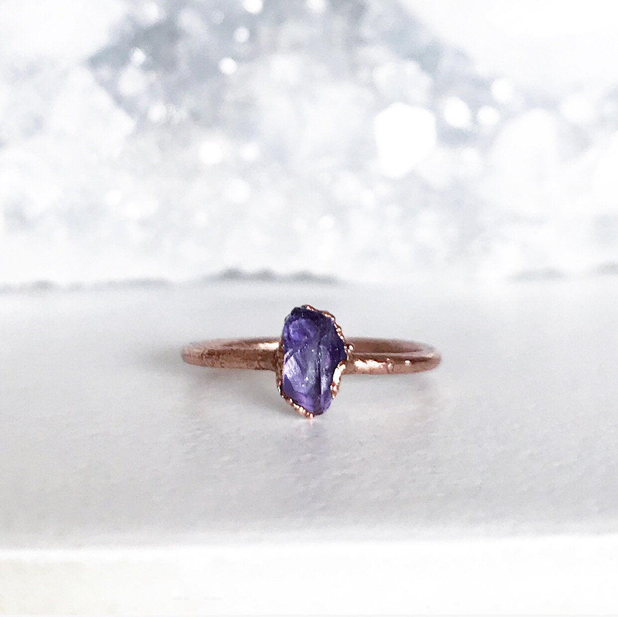 Dainty Amethyst Ring, Delicate Crystal Jewelry, Tiny Crystal Ring, February Birthstone Gift, Copper Stacking Ring, Small Raw Amethyst Ring