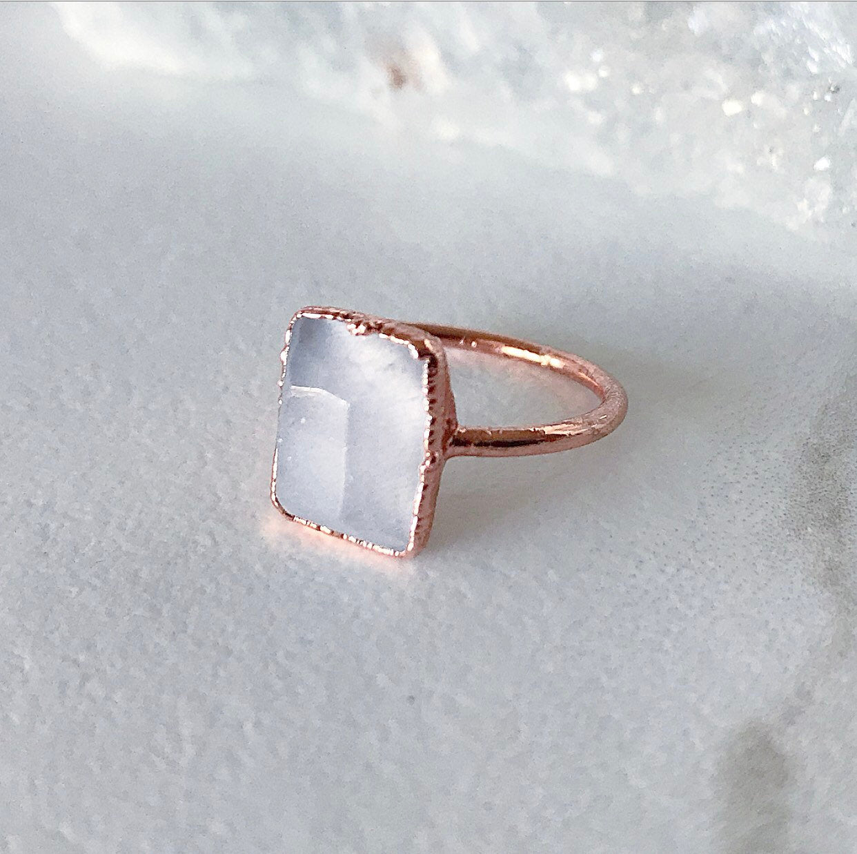 Raw Rose Quartz Crystal and Copper Ring with Emerald Cut Light Pink Blush Stone