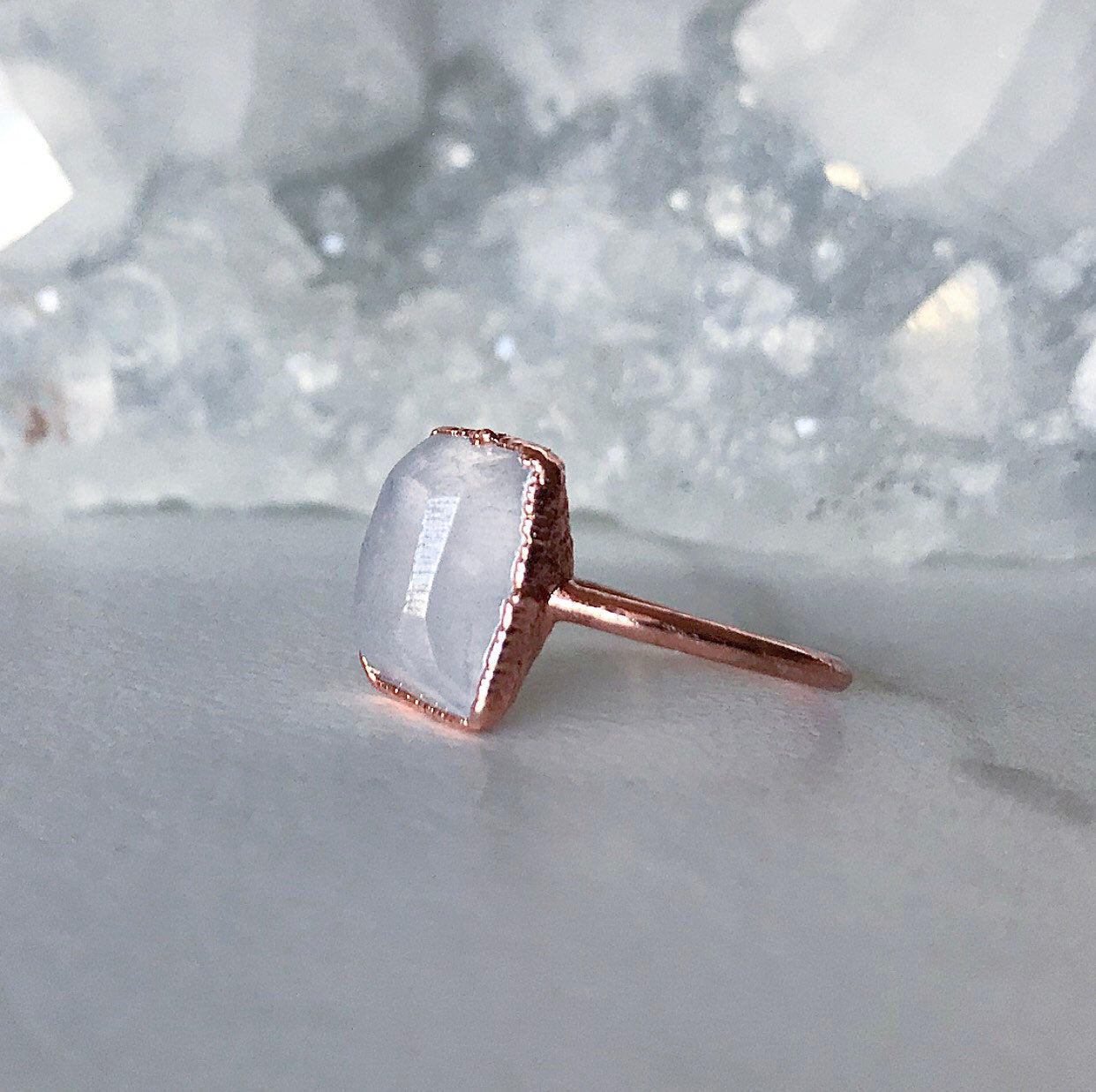 Raw Rose Quartz Crystal and Copper Ring with Emerald Cut Light Pink Blush Stone