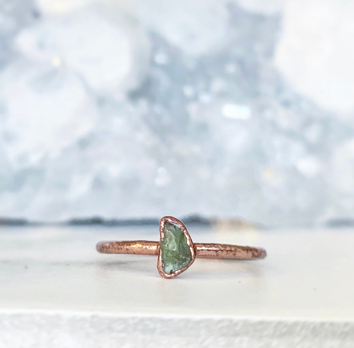 Tiny Raw Peridot Ring, August Birthstone Stacking Ring, Dainty Peridot Copper Ring, Delicate Peridot Jewelry, Tiny Copper Stacking Ring