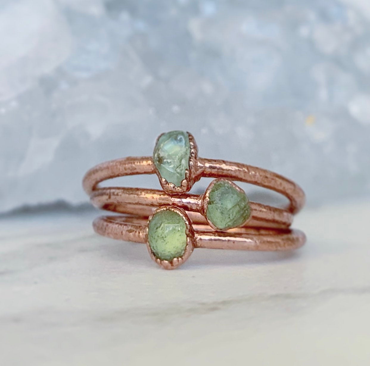 Tiny Raw Peridot Ring, August Birthstone Stacking Ring, Dainty Peridot Copper Ring, Delicate Peridot Jewelry, Tiny Copper Stacking Ring