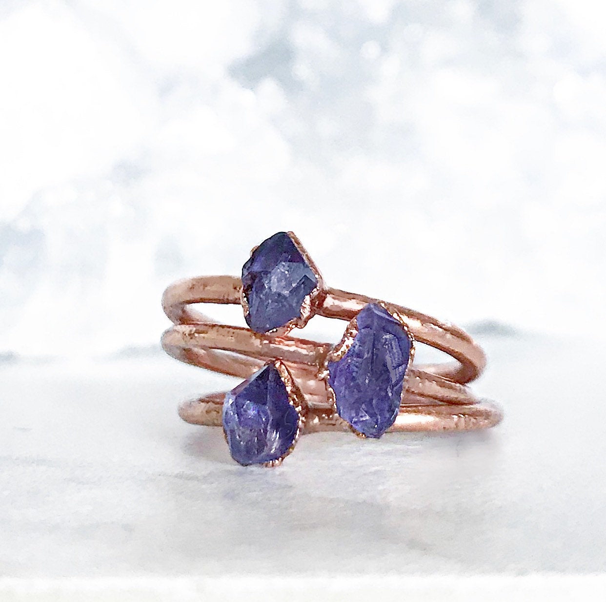 Dainty Amethyst Ring, Delicate Crystal Jewelry, Tiny Crystal Ring, February Birthstone Gift, Copper Stacking Ring, Small Raw Amethyst Ring