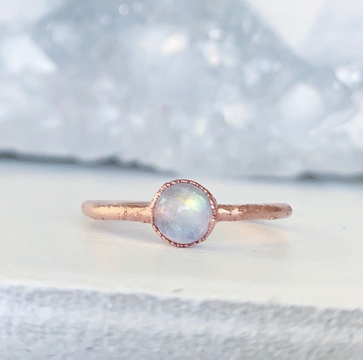 Tiny Moonstone Ring, June Birthstone Gift, Dainty Moonstone Ring, Healing Gemstone Ring, Delicate Copper Ring, Moonstone Stacker Ring
