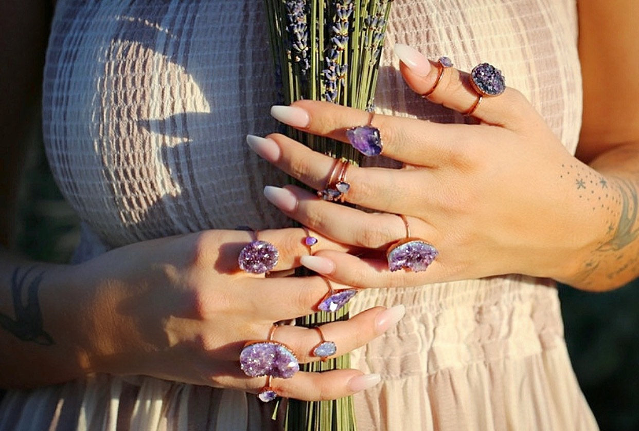 Dainty Amethyst Ring, Delicate Crystal Jewelry, Tiny Crystal Ring, February Birthstone Gift, Copper Stacking Ring, Small Raw Amethyst Ring