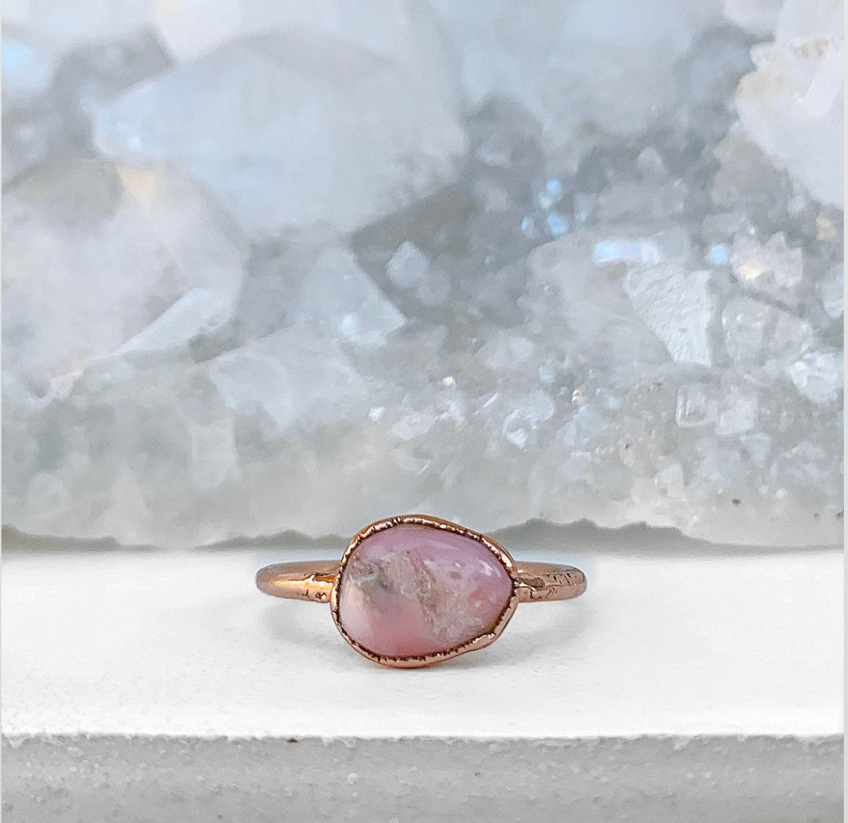 Raw Pink Opal Ring, October Birthstone Ring, Raw Pink Crystal Ring, Opal Stone Ring, Copper Gemstone Ring, Natural Stone Ring, October Gift