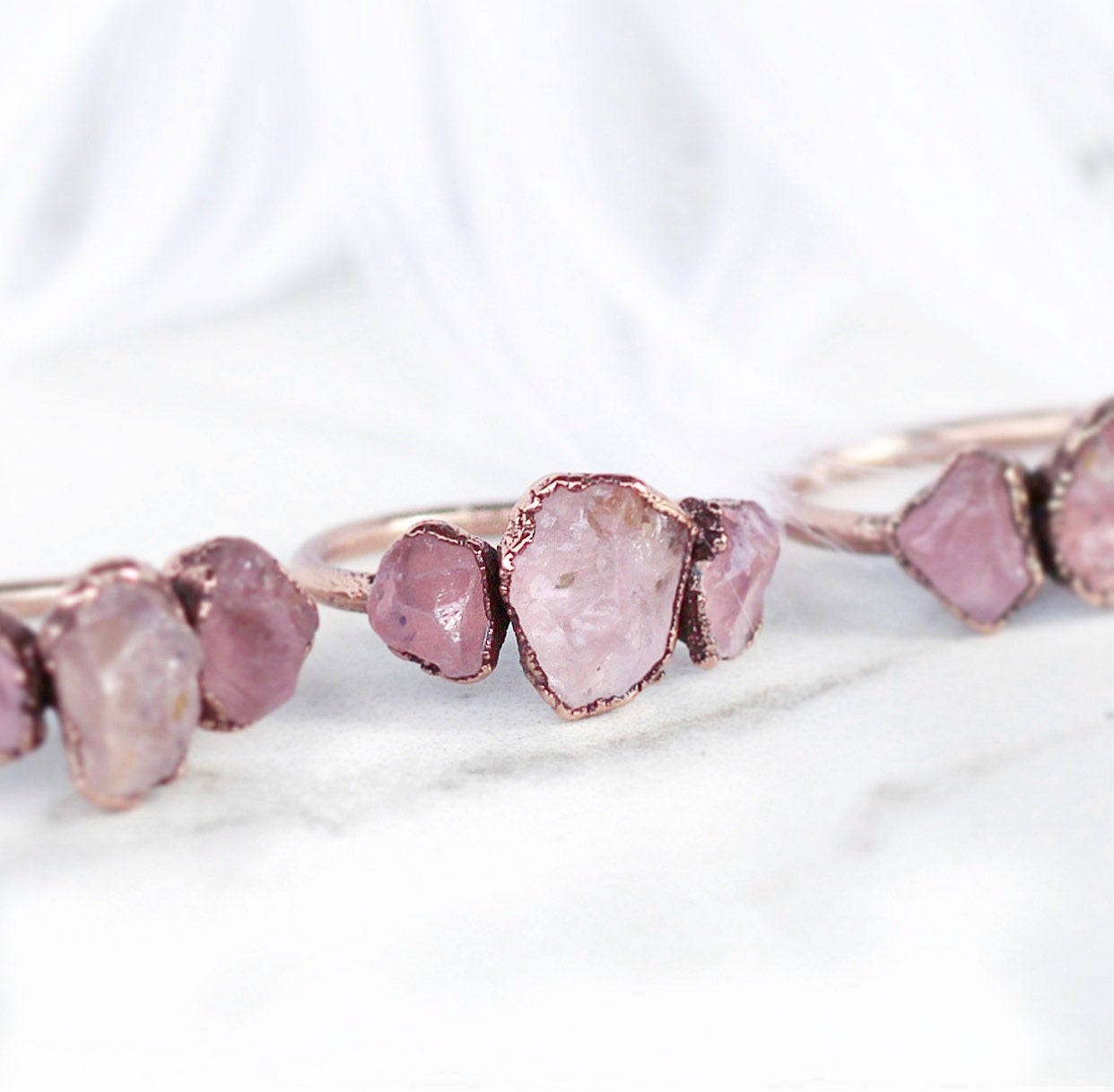 Three Stone Raw Rose Quartz Stacking Ring