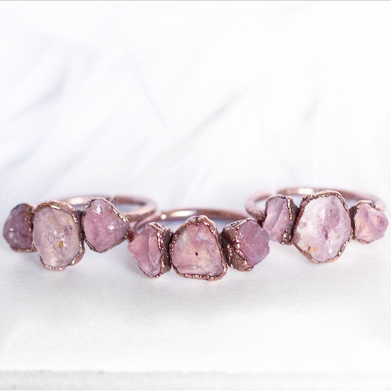 Three Stone Raw Rose Quartz Stacking Ring